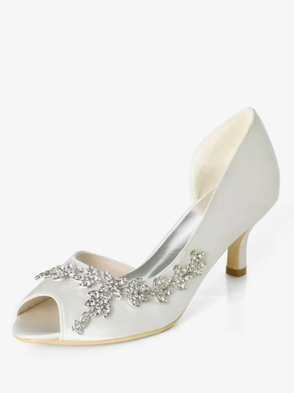 Chaussures de mariage blanches strass à paillettes Peep Toe Kitten Heel chaussures de mariée chaussures d'invité de mariage