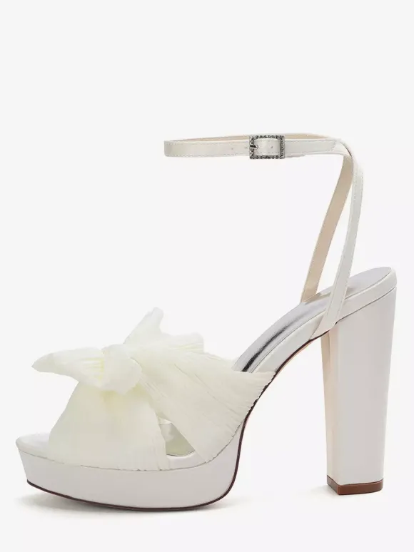 Chaussures de mariage blanches à plateforme bout ouvert n艙ud talon épais