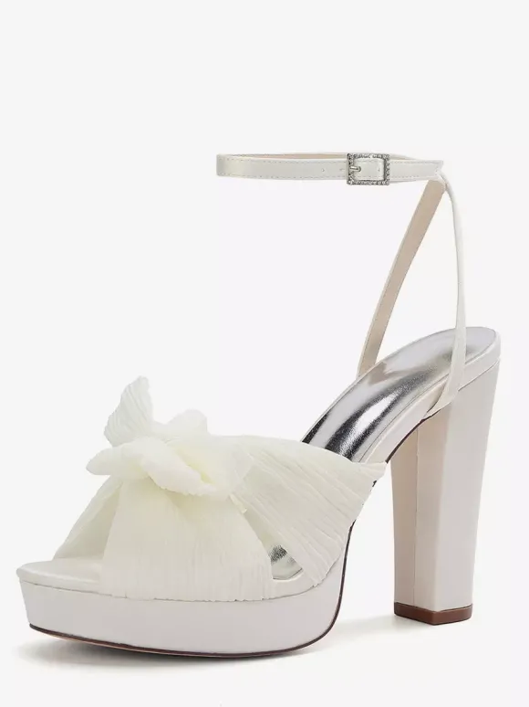 Chaussures de mariage blanches à plateforme bout ouvert n艙ud talon épais