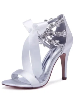 Chaussures de mariage en satin rouge strass bout ouvert lacets chaussures de mariée sandales à talons hauts