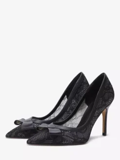 Chaussures de mariage en dentelle noire bout pointu n艙ud à enfiler