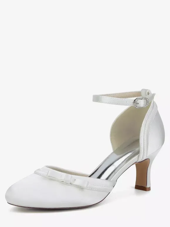 Chaussures de mariage en satin à talon chaton et bout rond avec n艙ud