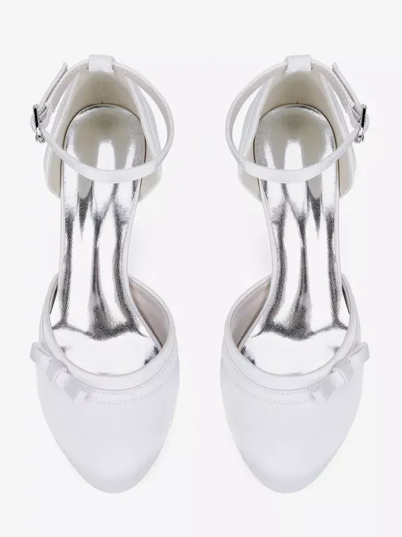 Chaussures de mariage en satin à talon chaton et bout rond avec n艙ud