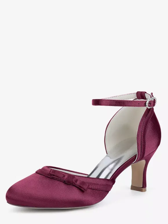 Chaussures de mariage en satin à talon chaton et bout rond avec n艙ud