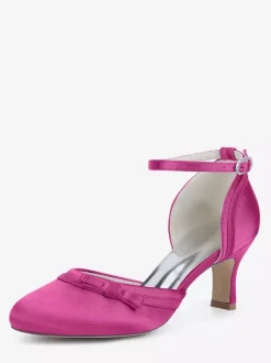 Chaussures de mariage en satin à talon chaton et bout rond avec n艙ud