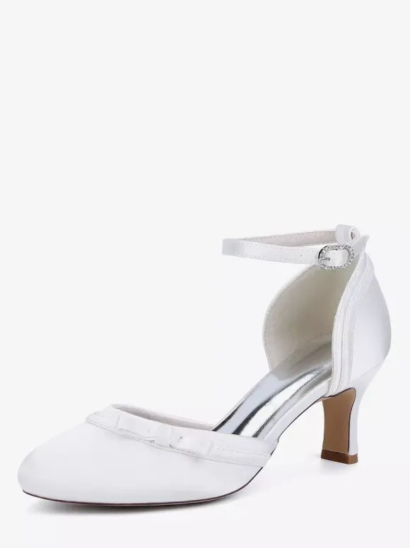 Chaussures de mariage en satin à talon chaton et bout rond avec n艙ud