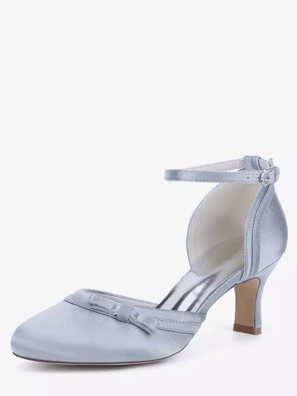 Chaussures de mariage en satin à talon chaton et bout rond avec n艙ud