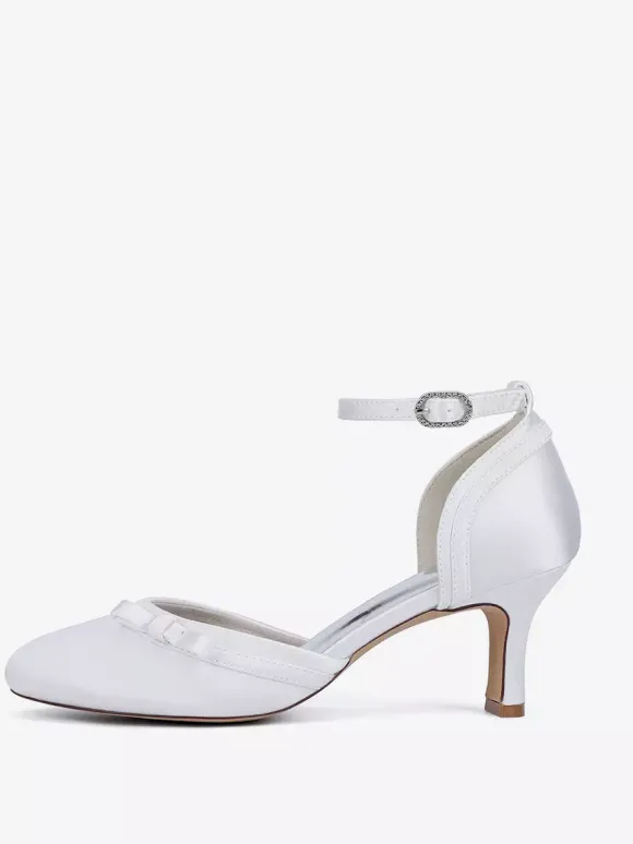 Chaussures de mariage en satin à talon chaton et bout rond avec n艙ud