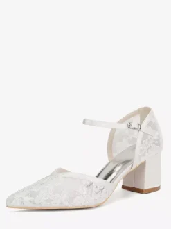 Chaussures de mariage en dentelle à bout pointu et talon épais pour invités de mariage