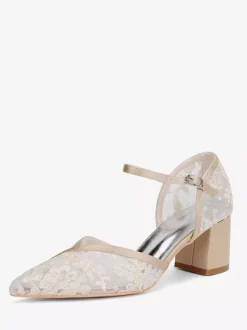 Chaussures de mariage en dentelle à bout pointu et talon épais pour invités de mariage
