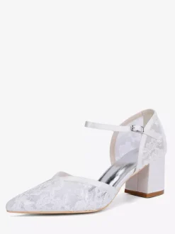 Chaussures de mariage en dentelle à bout pointu et talon épais pour invités de mariage