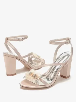 Chaussures De Mariage En Satin Bride Blanc Fleurs En Métal Sandales De Mariée À Bout Ouvert