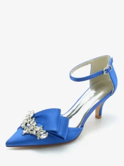 Chaussures De Mariage En Satin Bout Pointu N艙ud Strass Talon Chaton Escarpins De Mariée