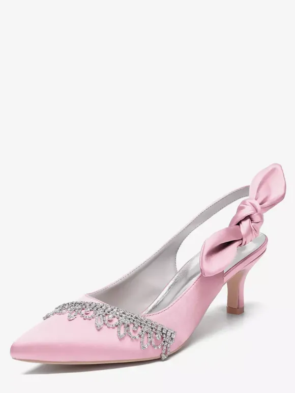 Chaussures de mariage en satin à bout pointu et strass n艙ud escarpins à bride arrière