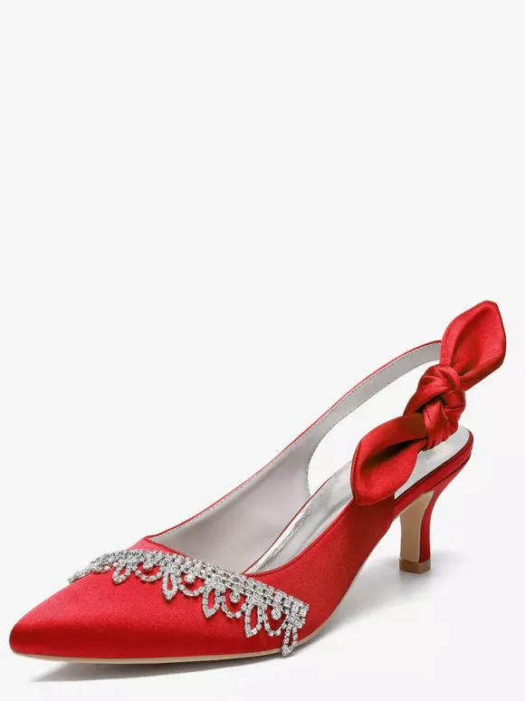 Chaussures de mariage en satin à bout pointu et strass n艙ud escarpins à bride arrière