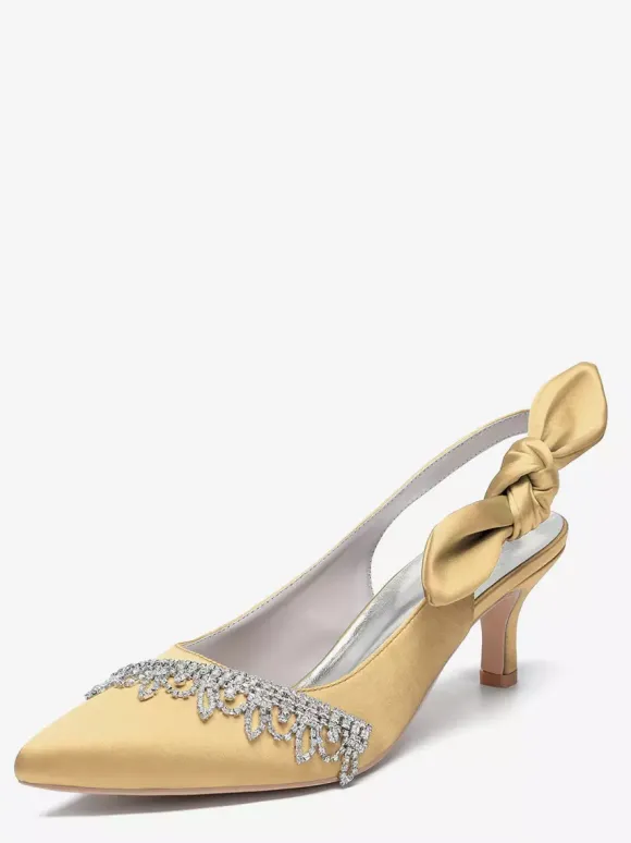Chaussures de mariage en satin à bout pointu et strass n艙ud escarpins à bride arrière