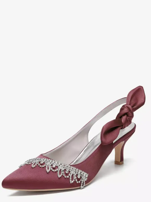 Chaussures de mariage en satin à bout pointu et strass n艙ud escarpins à bride arrière