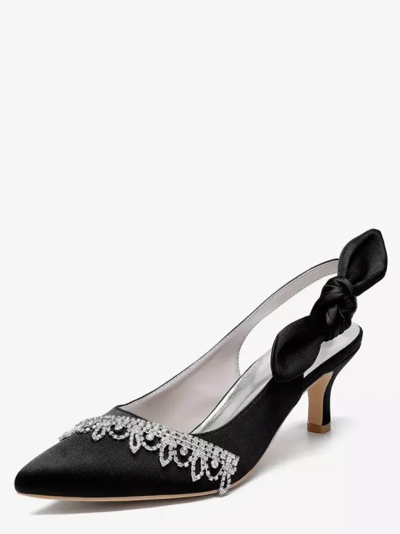 Chaussures de mariage en satin à bout pointu et strass n艙ud escarpins à bride arrière