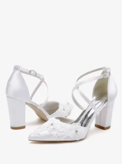 Chaussures de mariage Escarpins de mariée femme bride fleur en satin à bout pointu