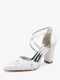 Chaussures de mariage Escarpins de mariée femme bride fleur en satin à bout pointu