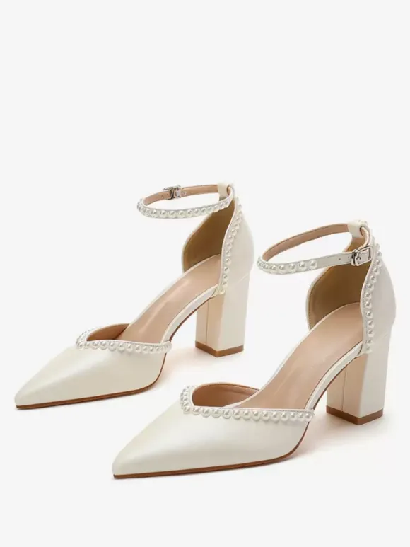 Chaussures De Mariage Escarpins De Mariée Lacet à Cheville Talon Carré Bout Pointu Perles