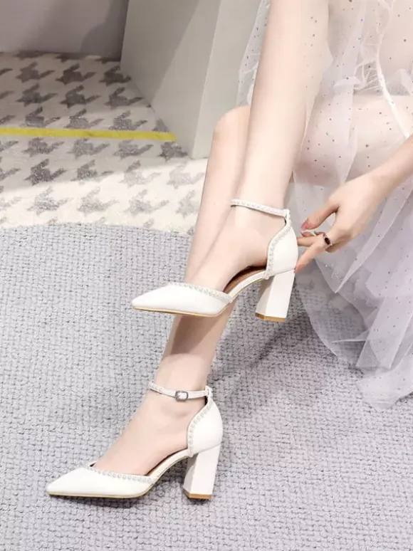 Chaussures De Mariage Escarpins De Mariée Lacet à Cheville Talon Carré Bout Pointu Perles