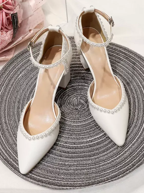 Chaussures De Mariage Escarpins De Mariée Lacet à Cheville Talon Carré Bout Pointu Perles