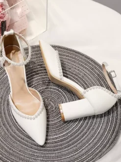 Chaussures De Mariage Escarpins De Mariée Lacet à Cheville Talon Carré Bout Pointu Perles
