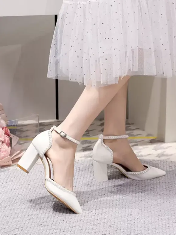 Chaussures De Mariage Escarpins De Mariée Lacet à Cheville Talon Carré Bout Pointu Perles