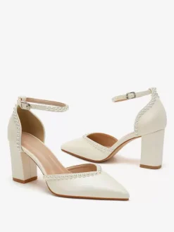 Chaussures De Mariage Escarpins De Mariée Lacet à Cheville Talon Carré Bout Pointu Perles