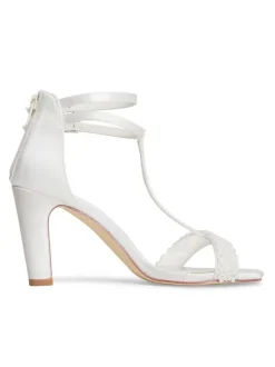 Chaussures de mariage pour femmes ivoire en cuir synthétique polyuréthane type T Bandage perles Peep Toe talon épais sandale de mariée