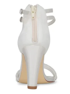 Chaussures de mariage pour femmes ivoire en cuir synthétique polyuréthane type T Bandage perles Peep Toe talon épais sandale de mariée