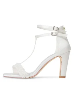 Chaussures de mariage pour femmes ivoire en cuir synthétique polyuréthane type T Bandage perles Peep Toe talon épais sandale de mariée