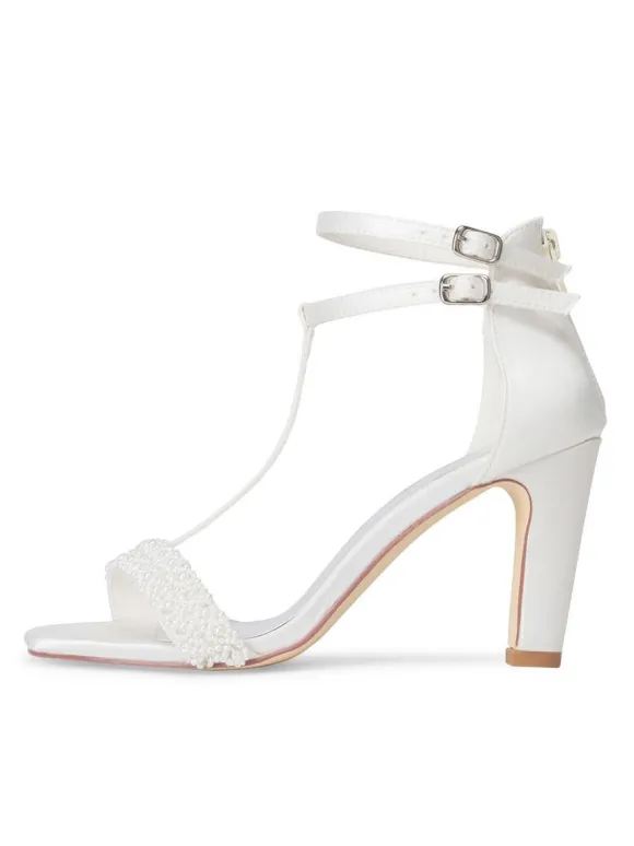 Chaussures de mariage pour femmes ivoire en cuir synthétique polyuréthane type T Bandage perles Peep Toe talon épais sandale de mariée