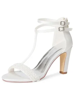 Chaussures de mariage pour femmes ivoire en cuir synthétique polyuréthane type T Bandage perles Peep Toe talon épais sandale de mariée