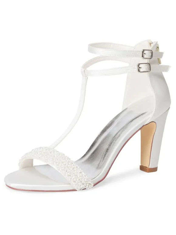 Chaussures de mariage pour femmes ivoire en cuir synthétique polyuréthane type T Bandage perles Peep Toe talon épais sandale de mariée