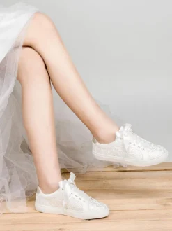 Chaussures de mariage pour femmes en toile à bout rond chaussures de baskets de mariée plates