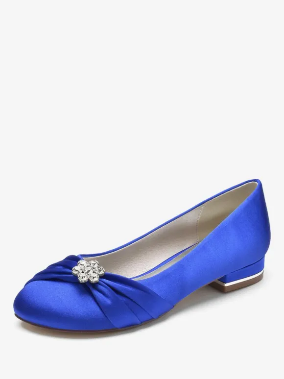 Chaussures De Mariage Pour Femmes En Satin Bleu Royal Bout Rond Strass Chaussures De Mariée Plates