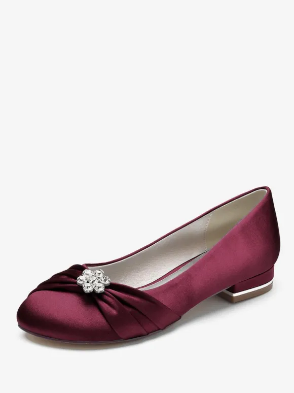 Chaussures De Mariage Pour Femmes En Satin Bleu Royal Bout Rond Strass Chaussures De Mariée Plates
