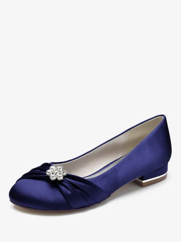 Chaussures De Mariage Pour Femmes En Satin Bleu Royal Bout Rond Strass Chaussures De Mariée Plates