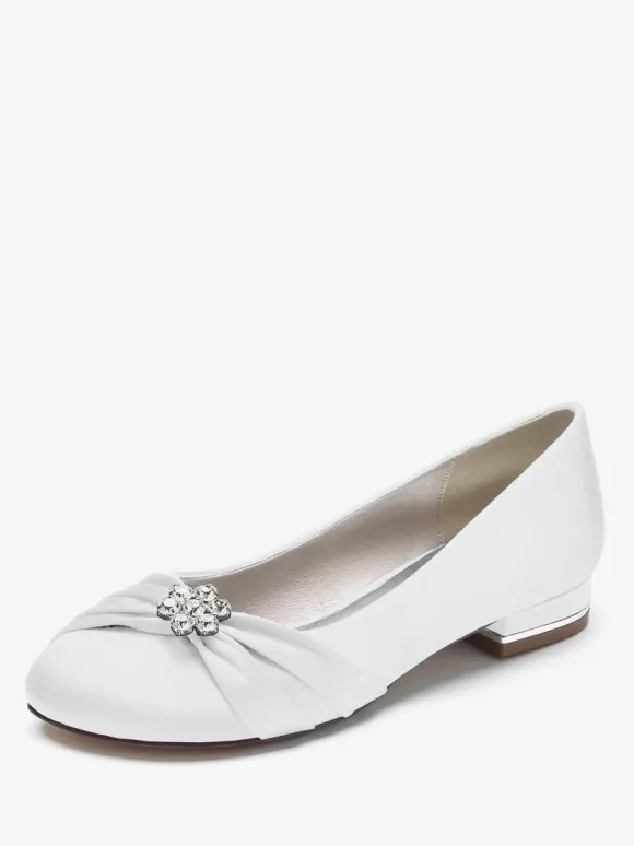 Chaussures De Mariage Pour Femmes En Satin Bleu Royal Bout Rond Strass Chaussures De Mariée Plates
