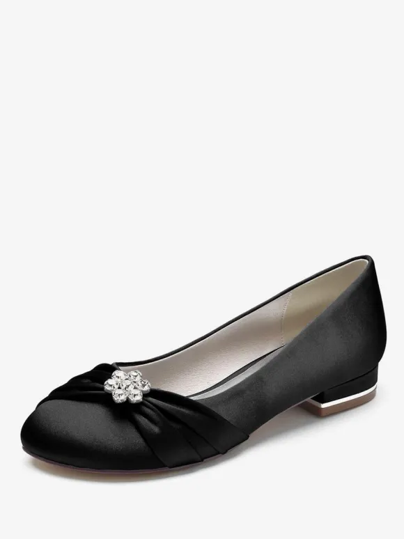Chaussures De Mariage Pour Femmes En Satin Bleu Royal Bout Rond Strass Chaussures De Mariée Plates