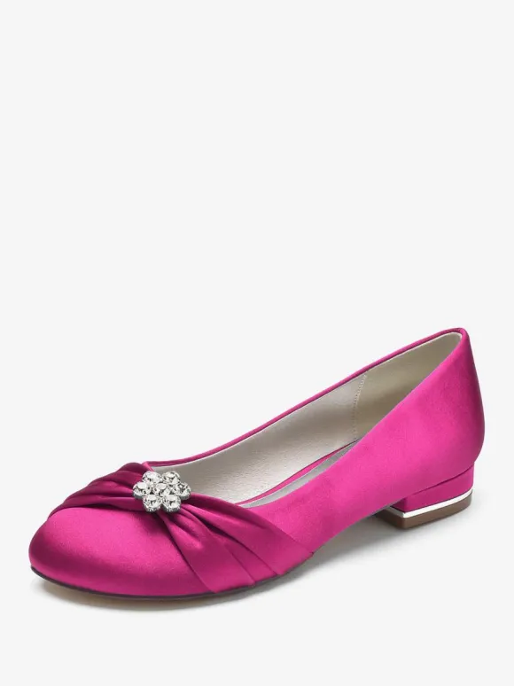 Chaussures De Mariage Pour Femmes En Satin Bleu Royal Bout Rond Strass Chaussures De Mariée Plates