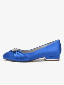 Chaussures De Mariage Pour Femmes En Satin Bleu Royal Bout Rond Strass Chaussures De Mariée Plates