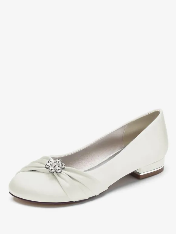 Chaussures De Mariage Pour Femmes En Satin Bleu Royal Bout Rond Strass Chaussures De Mariée Plates