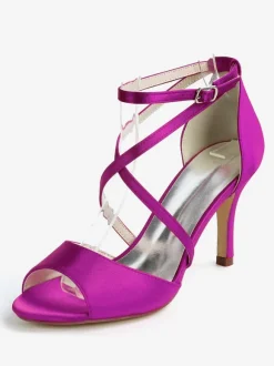 Chaussures de mariage Satin Ivoire bout ouvert talon aiguille bride à la cheville talon chaussures de mariée