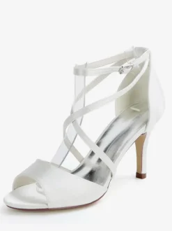 Chaussures de mariage Satin Ivoire bout ouvert talon aiguille bride à la cheville talon chaussures de mariée