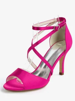 Chaussures de mariage Satin Ivoire bout ouvert talon aiguille bride à la cheville talon chaussures de mariée