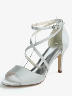 Chaussures de mariage Satin Ivoire bout ouvert talon aiguille bride à la cheville talon chaussures de mariée