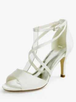 Chaussures de mariage Satin Ivoire bout ouvert talon aiguille bride à la cheville talon chaussures de mariée